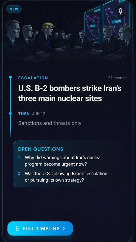A Frameshift Today card showing a new escalation, 52 sources, open questions, and the Full Timeline button.